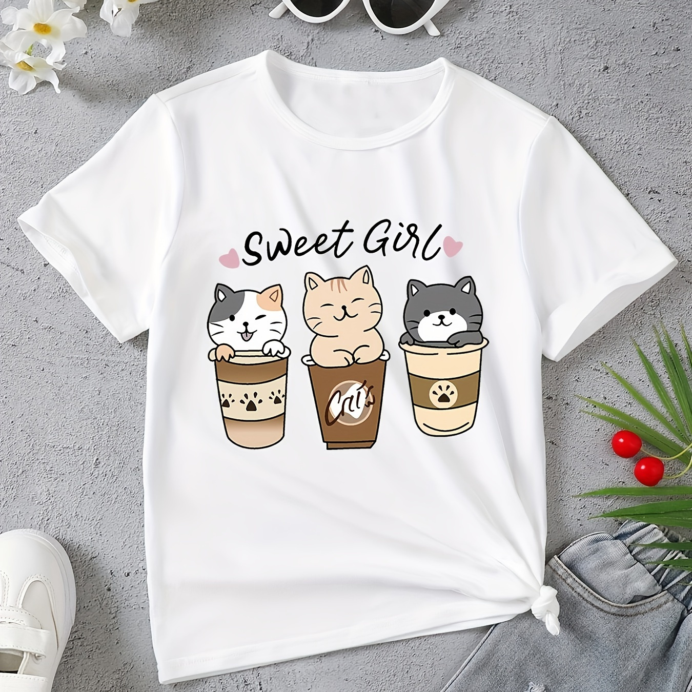Sweet Girl & Cat Coffee Print Short Sleeve T-shirt, Versatile Tees Summer Clothes For Girls
Sweet Girl & Cat Coffee Print Short Sleeve T-shirt, Versatile Tees Summer Clothes For Girls