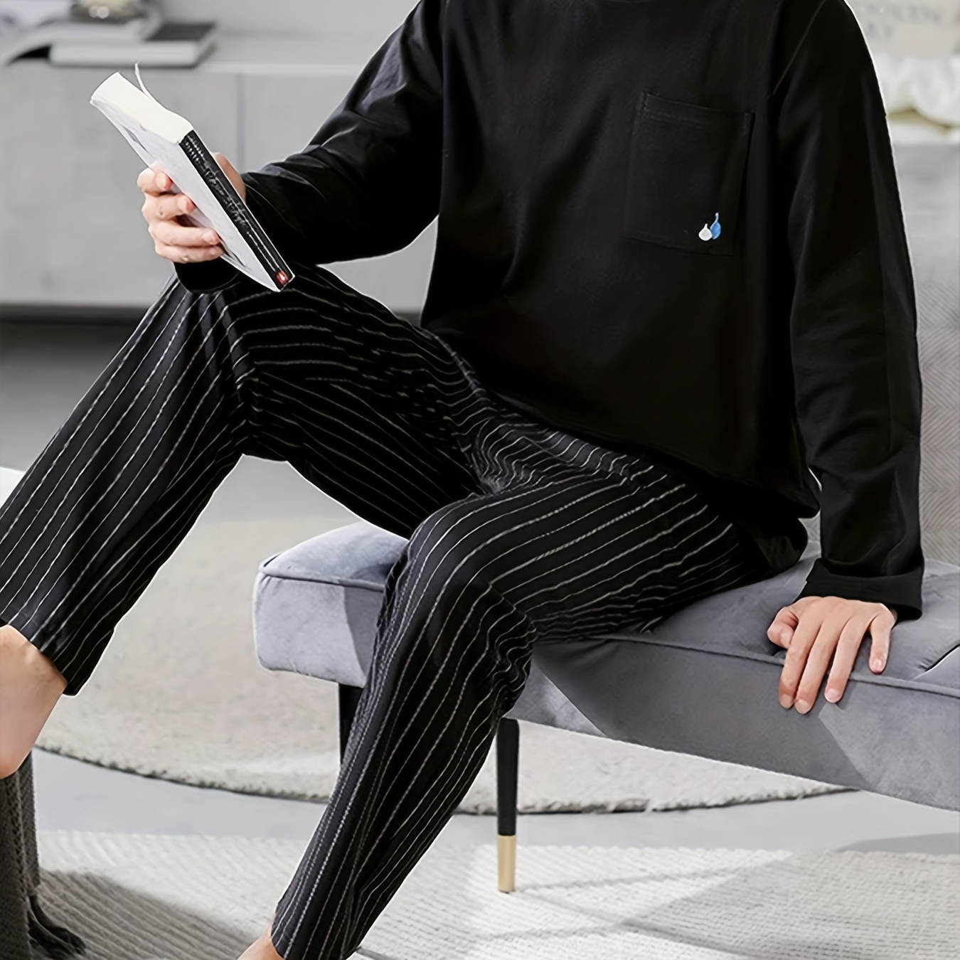Men's Comfortable Black Long-sleeve Crew Neck Top With Pocket & Striped Pants Set - Soft Polyester, Machine Washable - Home Or Out
Men's Comfortable Black Long-sleeve Crew Neck Top With Pocket & Striped Pants Set - Soft Polyester, Machine Washable - Home Or Out
