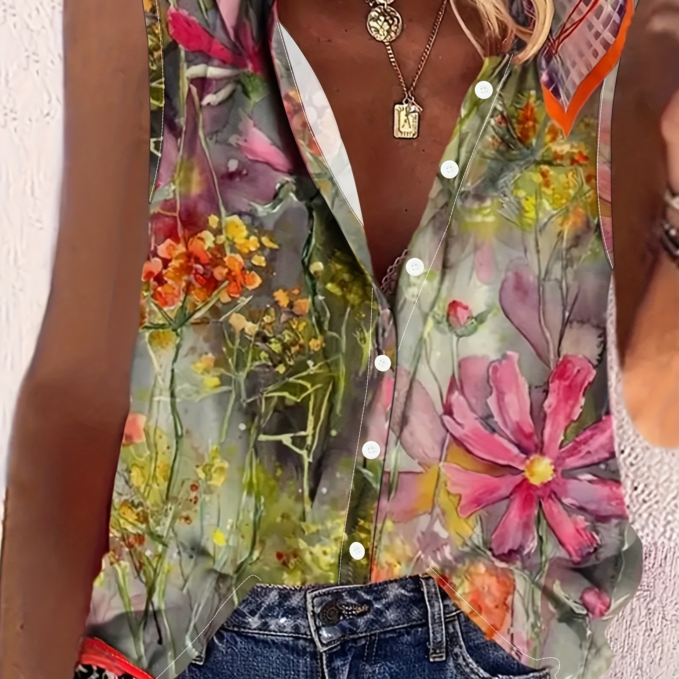 Floral Print Button Front Blouse, Casual Sleeveless Top For Spring & Summer, Women's Clothing
Floral Print Button Front Blouse, Casual Sleeveless Top For Spring & Summer, Women's Clothing
