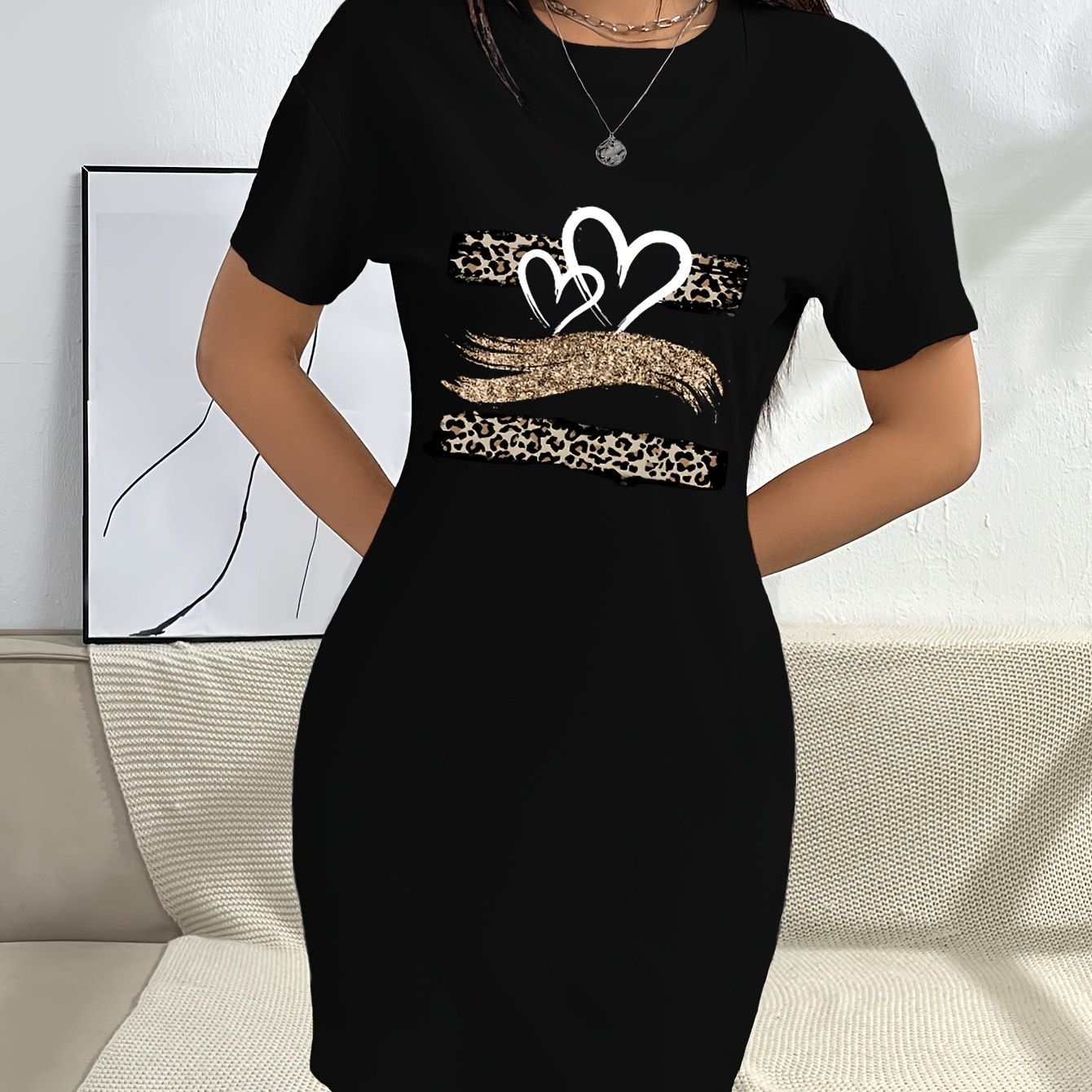 Women's Casual Dress With Print Heart Detail - Polyester , Short Sleeves, Round Neck, Machine Washable
Women's Casual Dress With Print Heart Detail - Polyester , Short Sleeves, Round Neck, Machine Washable