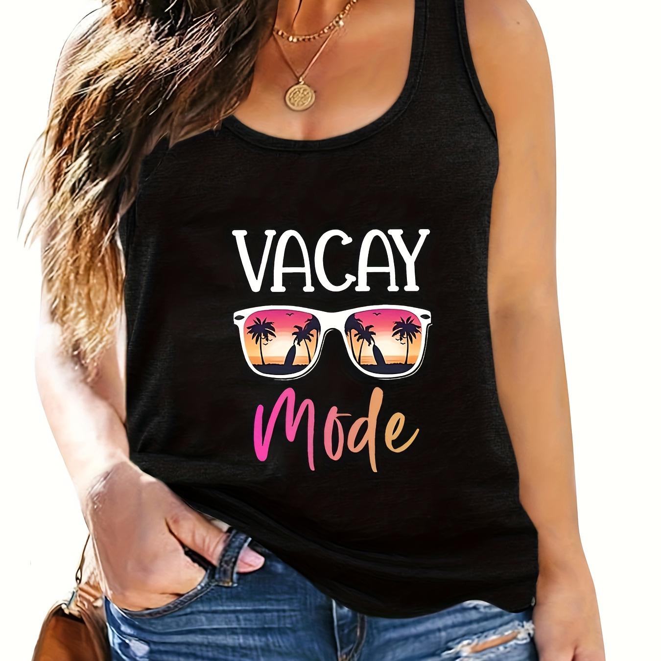 Sunglasses Print Crew Neck Tank Top, Casual Sleeveless Tank Top For Summer, Women's Clothing
Sunglasses Print Crew Neck Tank Top, Casual Sleeveless Tank Top For Summer, Women's Clothing