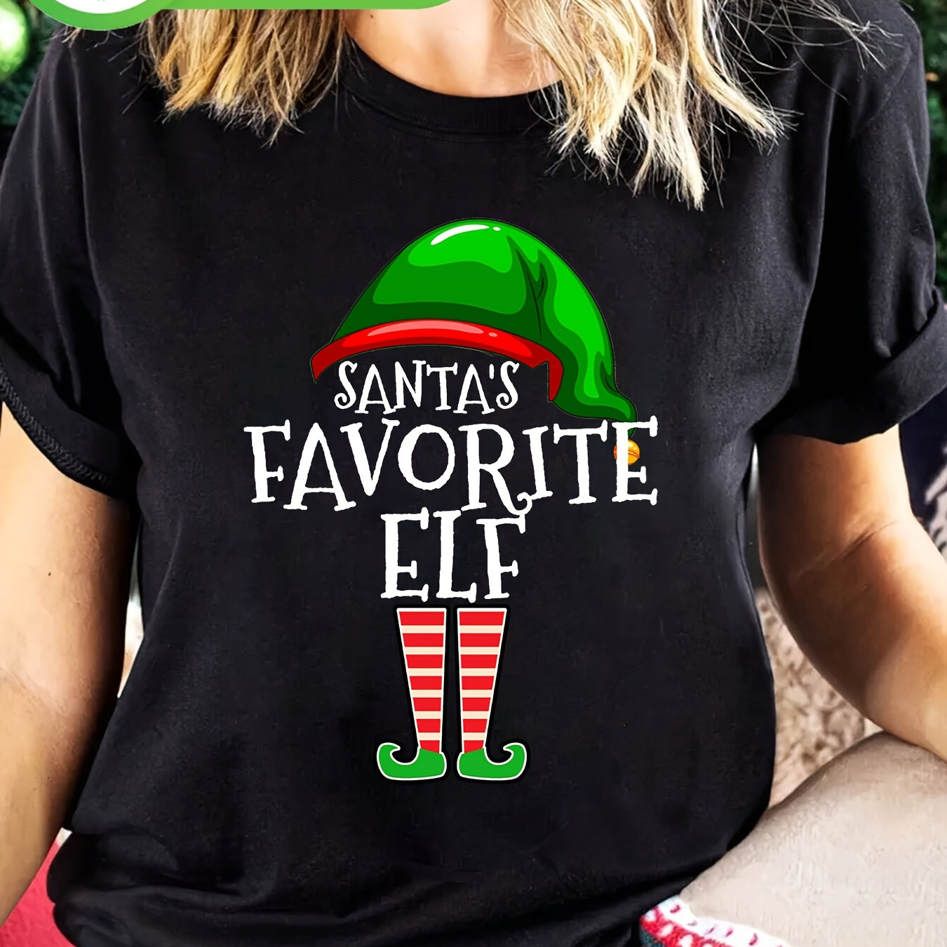 Women's Festive Christmas T-shirt, " Elf" Print, Short Sleeve Crew Neck, Casual Cotton Top, , Regular Fit, Knit Fabric, Black
Women's Festive Christmas T-shirt, " Elf" Print, Short Sleeve Crew Neck, Casual Cotton Top, , Regular Fit, Knit Fabric, Black