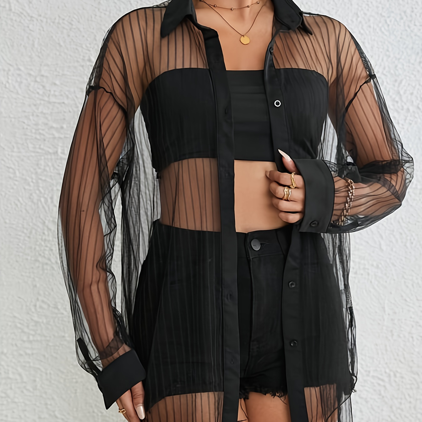 Solid Button Front Mesh Shirt, Versatile Drop Shoulder Long Sleeve Shirt For Spring & Summer, Women's Clothing
Solid Button Front Mesh Shirt, Versatile Drop Shoulder Long Sleeve Shirt For Spring & Summer, Women's Clothing