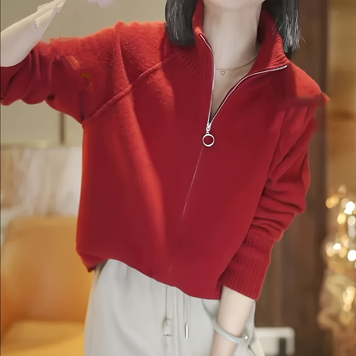 Women's Red Zip-up Knit Cardigan - Casual High Neck, Long Sleeve, Loose Fit For Fall/winter, Soft Viscose , Machine Washable, | High Neck Cardigan | Soft Knit Texture, Lightweight Cardigan
Women's Red Zip-up Knit Cardigan - Casual High Neck, Long Sleeve, Loose Fit For Fall/winter, Soft Viscose , Machine Washable, | High Neck Cardigan | Soft Knit Texture, Lightweight Cardigan