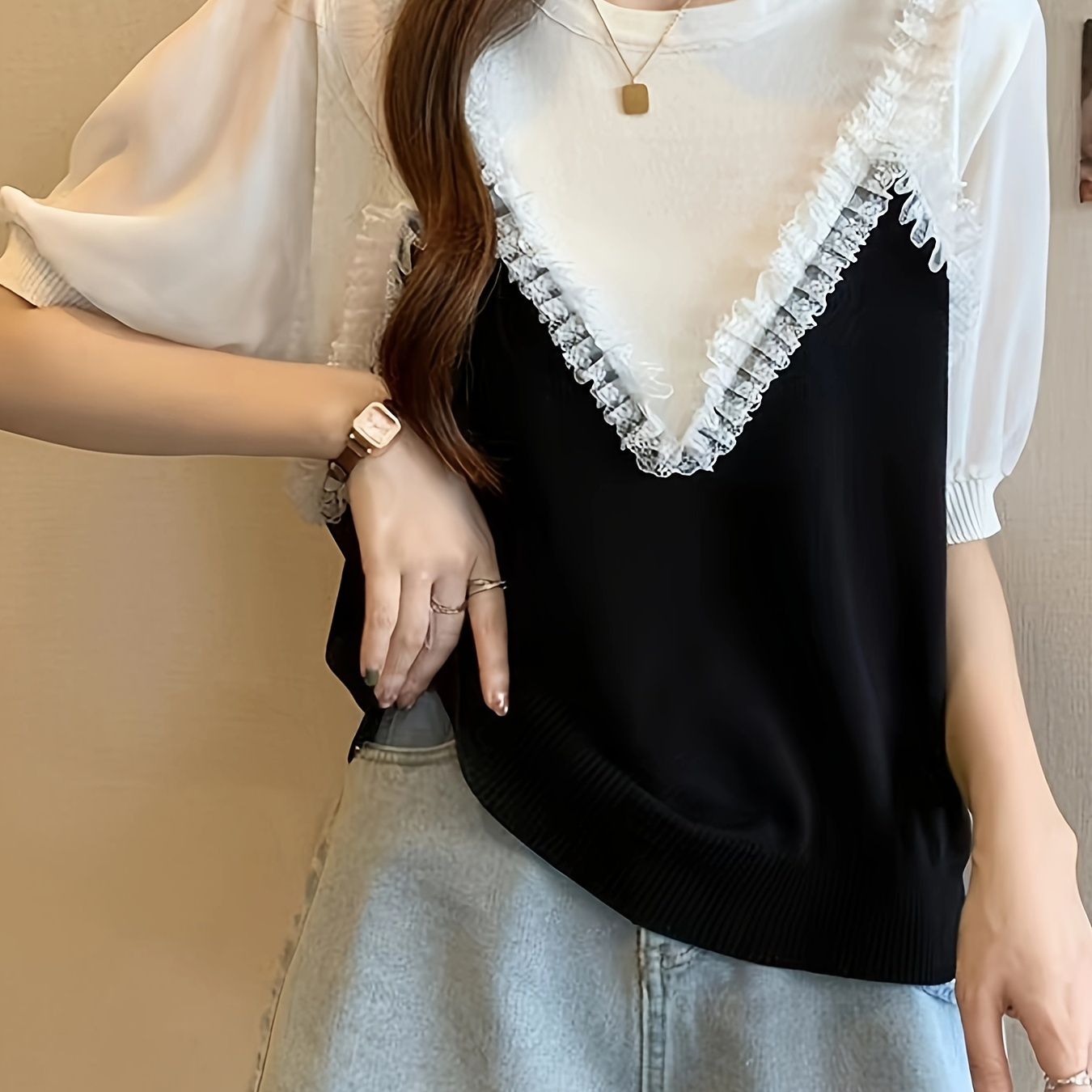 Color Block Ruffle Trim T-shirt, Elegant Crew Neck Half Sleeve Knitted Top For Spring & Summer, Women's Clothing
Color Block Ruffle Trim T-shirt, Elegant Crew Neck Half Sleeve Knitted Top For Spring & Summer, Women's Clothing