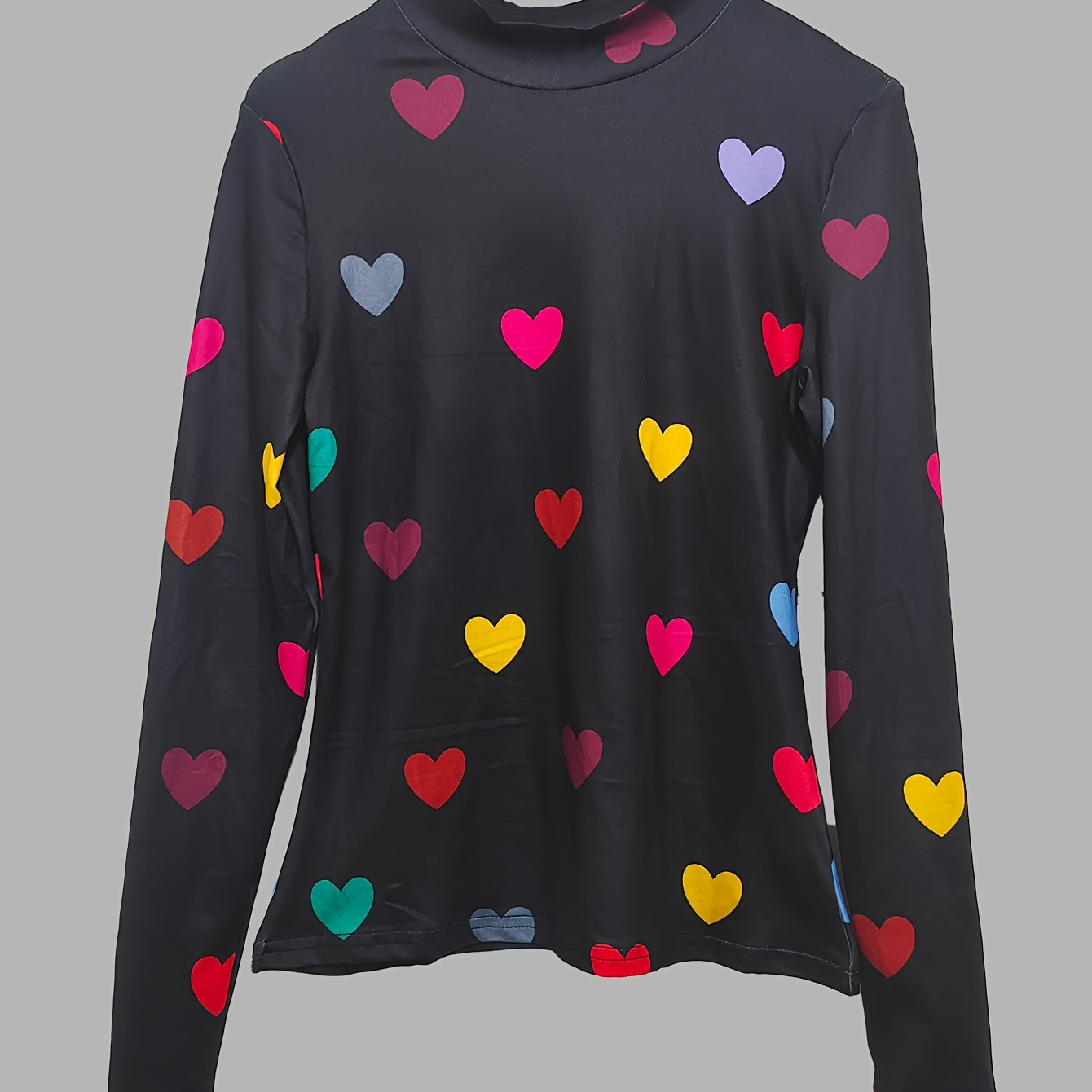 Elegant High Neck Long Sleeve T-shirt For Women, Polyester Knit Fabric With Spandex, Regular Length, With Heart Print, For Spring/fall
Elegant High Neck Long Sleeve T-shirt For Women, Polyester Knit Fabric With Spandex, Regular Length, With Heart Print, For Spring/fall