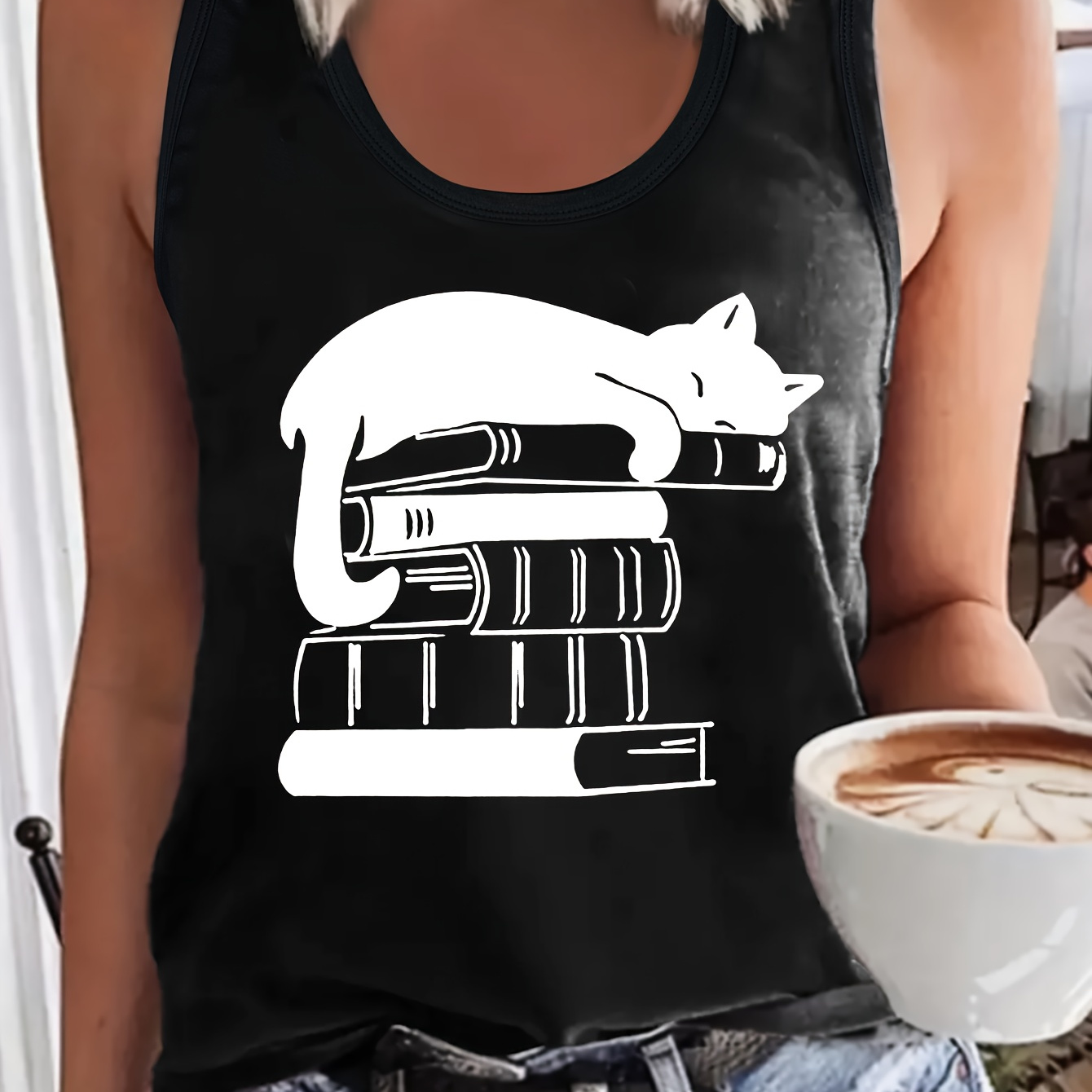 Cat & Book Print Tank Top, Sleeveless Crew Neck Casual Top For Summer & Spring, Women's Clothing
Cat & Book Print Tank Top, Sleeveless Crew Neck Casual Top For Summer & Spring, Women's Clothing