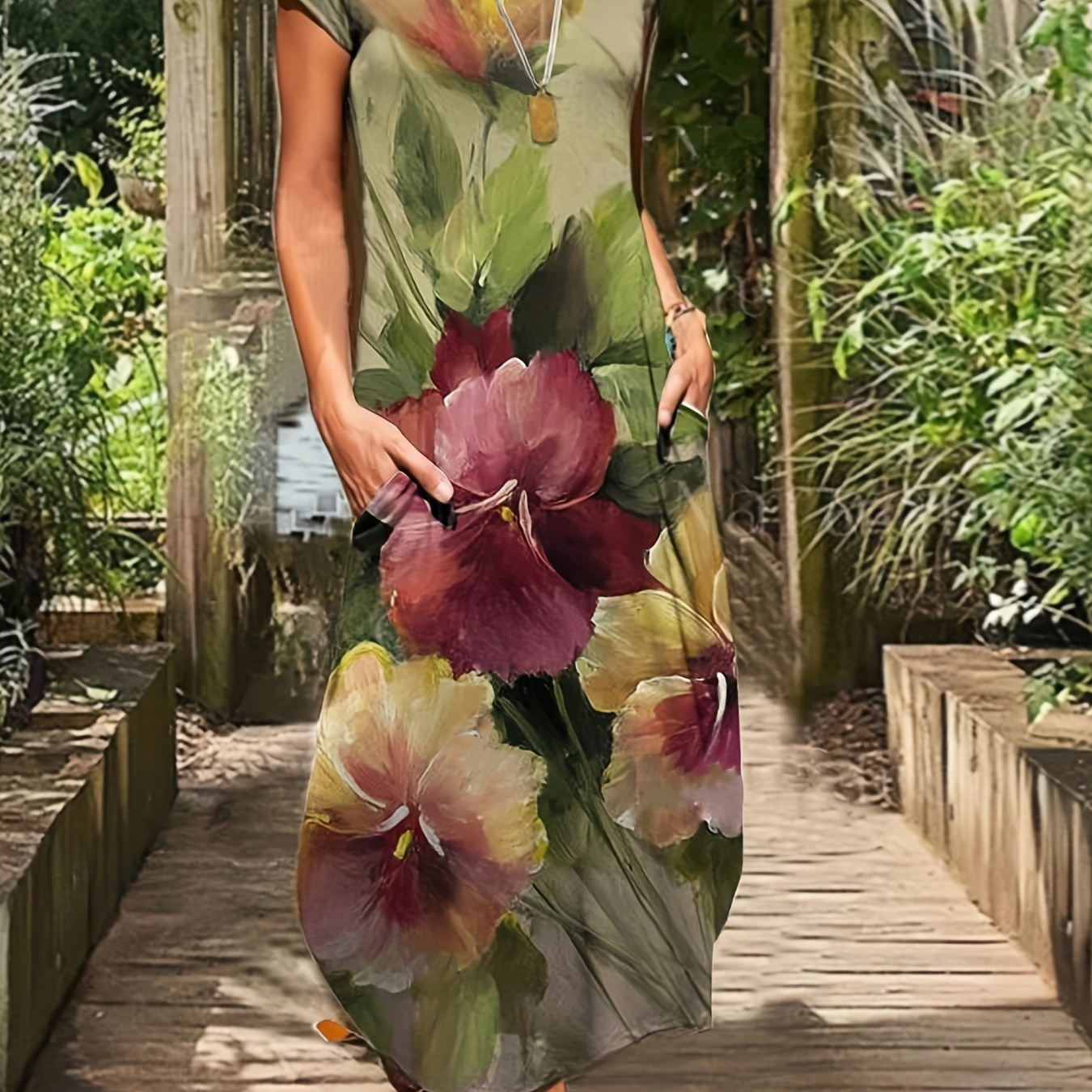 Plus Size Casual Dress, Women's Plus Floral Print Short Sleeve Round Neck Slight Stretch Maxi Dress With Pockets
Plus Size Casual Dress, Women's Plus Floral Print Short Sleeve Round Neck Slight Stretch Maxi Dress With Pockets