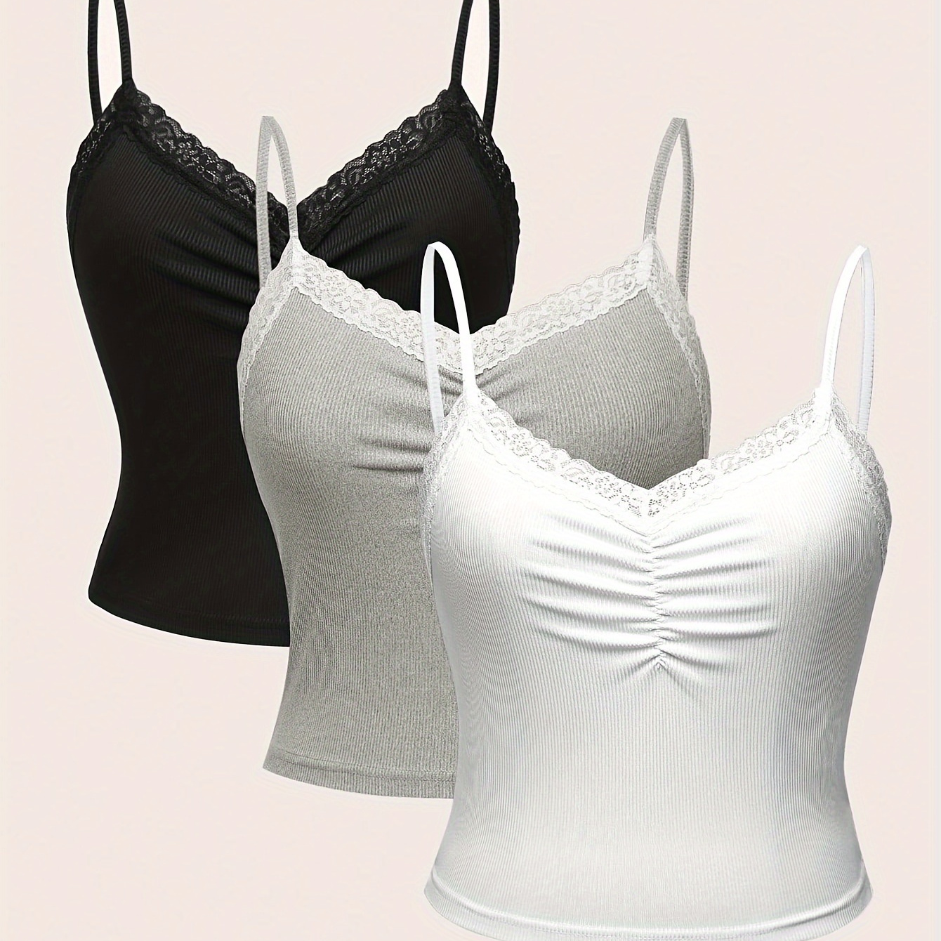 3 Packs Solid Spaghetti Strap Top, Y2k V-neck Sleeveless Ruched Bust Contrast Lace Cami Top For Every Day, Women's Clothing
3 Packs Solid Spaghetti Strap Top, Y2k V-neck Sleeveless Ruched Bust Contrast Lace Cami Top For Every Day, Women's Clothing
