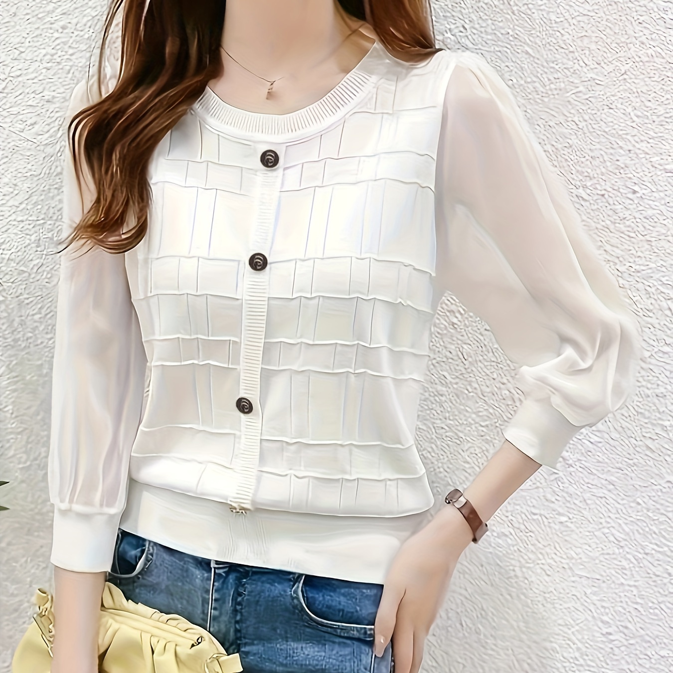Solid Color Mesh Splicing Top, Elegant Button Front Top For Spring & Fall, Women's Clothing
Solid Color Mesh Splicing Top, Elegant Button Front Top For Spring & Fall, Women's Clothing