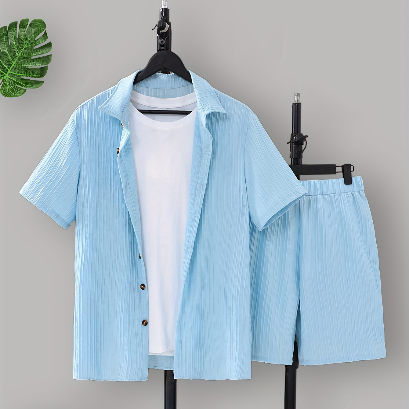Men' Blue Casual Summer Set: Textured Short Sleeve Button-up Shirt & Waist Shorts - 100% Polyester, Machine Washable
Men' Blue Casual Summer Set: Textured Short Sleeve Button-up Shirt & Waist Shorts - 100% Polyester, Machine Washable