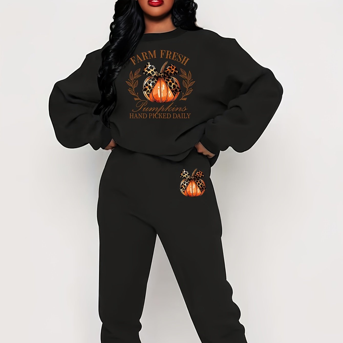 Pumpkin Print 2 Piece Set, Crew Neck Sweatshirt & Drawstring Pants Outfits For Fall & Winter, Women's Clothing
Pumpkin Print 2 Piece Set, Crew Neck Sweatshirt & Drawstring Pants Outfits For Fall & Winter, Women's Clothing