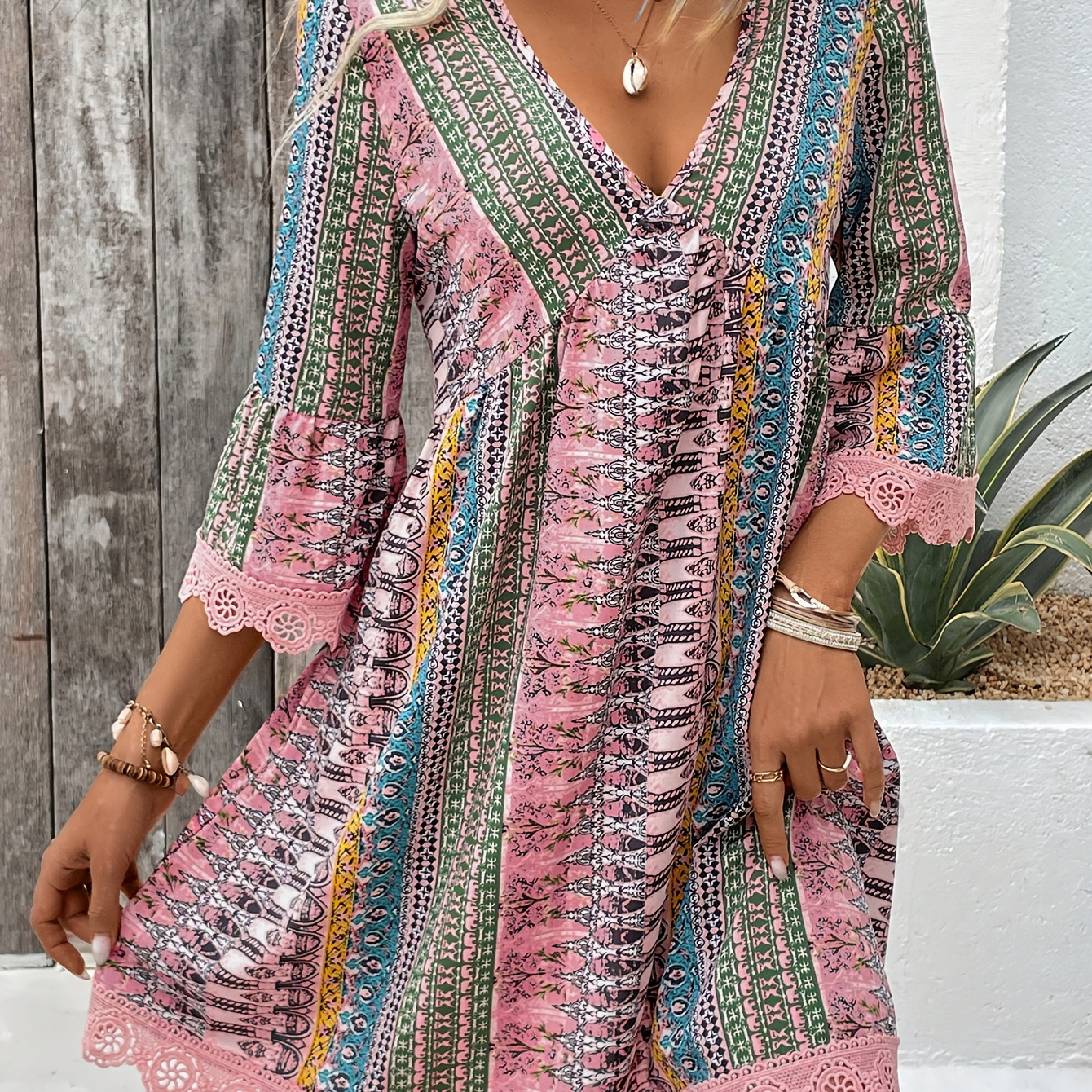 Women's Elegant V-neck Dress With Lace Trim - Striped And Floral Print, Lightweight Polyester , Summer, Relaxed Fit Dress|patterned Dress|smooth Texture, Cute Dresses
Women's Elegant V-neck Dress With Lace Trim - Striped And Floral Print, Lightweight Polyester , Summer, Relaxed Fit Dress|patterned Dress|smooth Texture, Cute Dresses