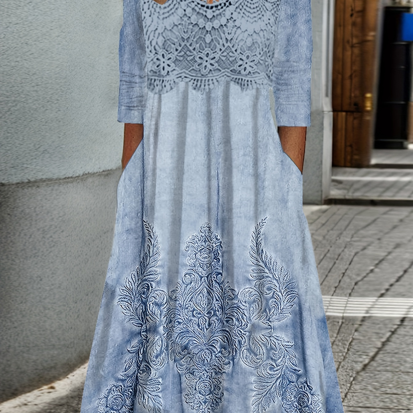 Size Floral Lace Midi Dress With V-neck And Long Sleeves, A-line Blue Denim Print - Machine Washable, Lace Dress
Size Floral Lace Midi Dress With V-neck And Long Sleeves, A-line Blue Denim Print - Machine Washable, Lace Dress