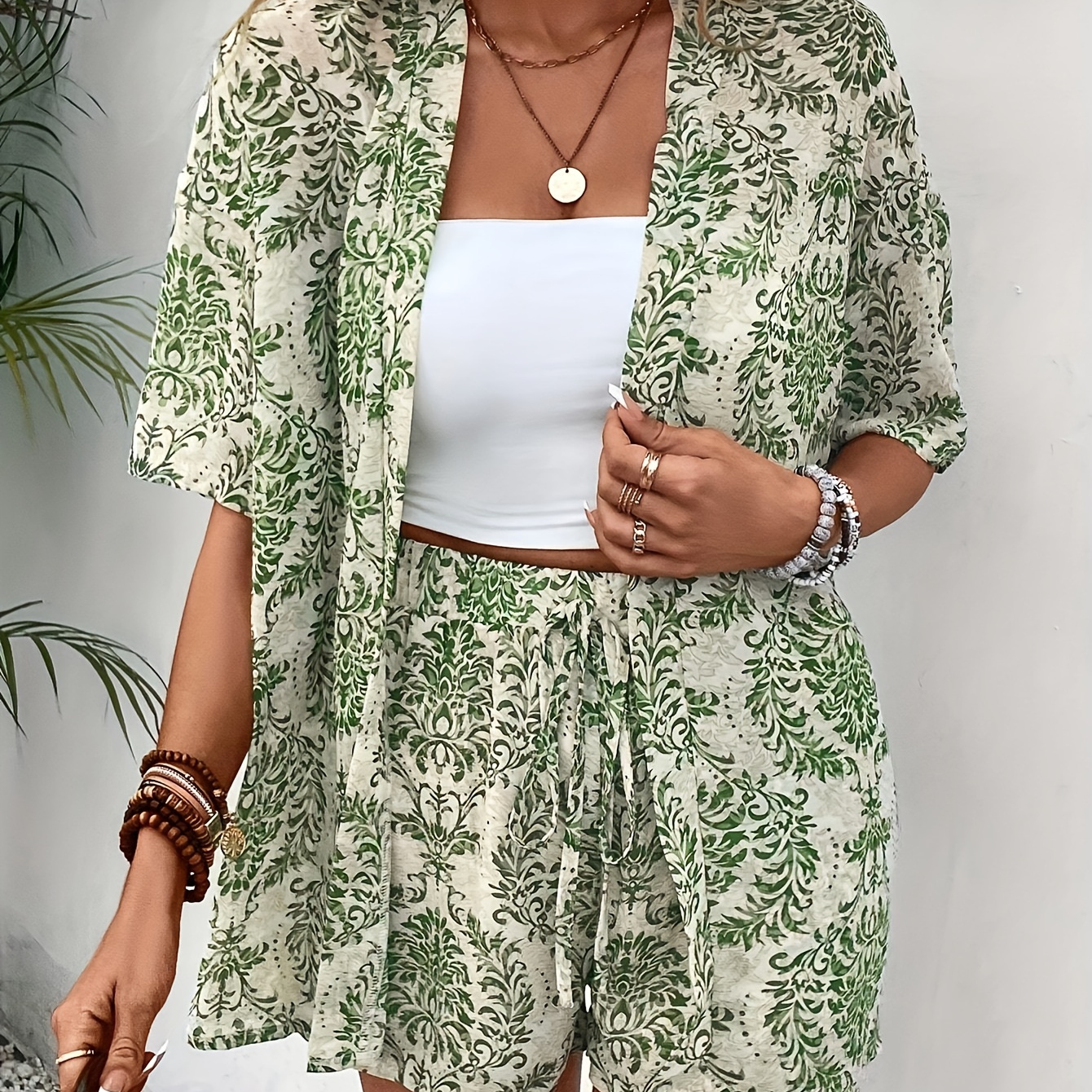Floral Print Casual Shorts Suit, Open Front Short Sleeve Shirt & Tie Elastic Waist Shorts Outfits, Women's Clothing
Floral Print Casual Shorts Suit, Open Front Short Sleeve Shirt & Tie Elastic Waist Shorts Outfits, Women's Clothing