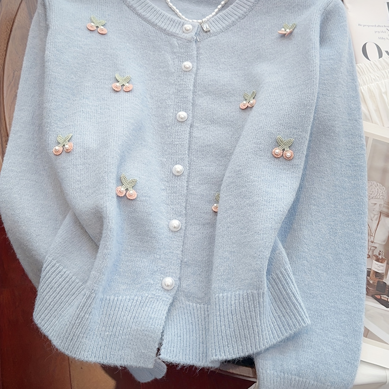 Elegant Chic Knit Cardigan For Women - Cozy Long Sleeve, Round Neck With Floral Embellishments, Fall/winter, 2024, Slimming, Fashion
Elegant Chic Knit Cardigan For Women - Cozy Long Sleeve, Round Neck With Floral Embellishments, Fall/winter, 2024, Slimming, Fashion