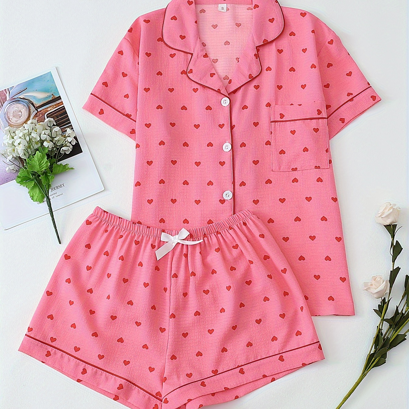 2pcs Print Pajama Set, Casual Polyester Loungewear With Short Sleeve Shirt And Shorts, Lapel Collar With Bow Detail, Woven Fabric, Spring/summer Collection
2pcs Print Pajama Set, Casual Polyester Loungewear With Short Sleeve Shirt And Shorts, Lapel Collar With Bow Detail, Woven Fabric, Spring/summer Collection