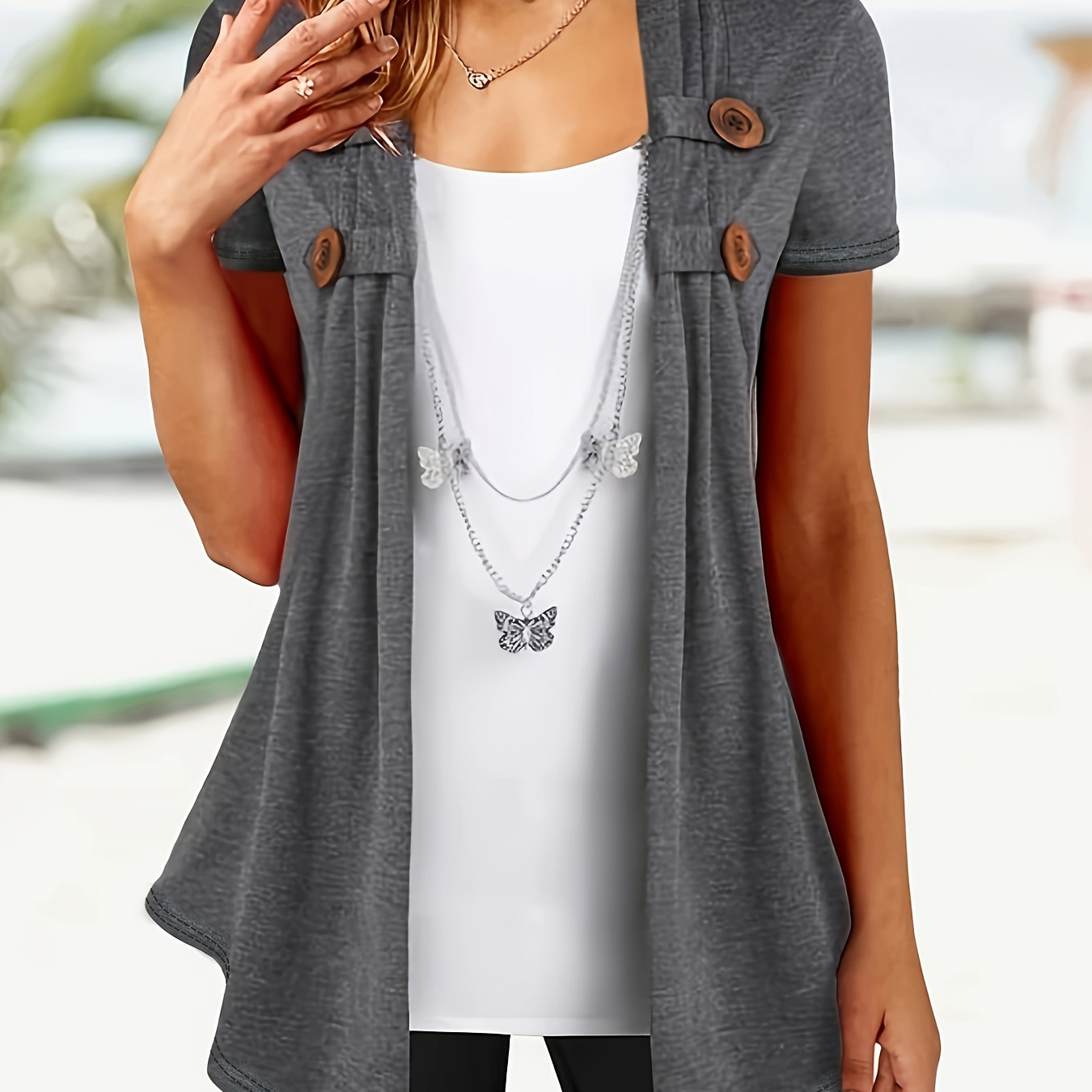 Button Decor Open Front Cardigan, Casual Short Sleeve Top For Spring & Summer, Women's Clothing
Button Decor Open Front Cardigan, Casual Short Sleeve Top For Spring & Summer, Women's Clothing
