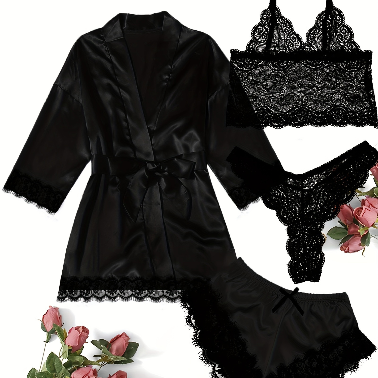 

Contrast Lace Lounge Set, Long Sleeve Robe & V Neck Cami Top & Panties & Shorts, Women's Loungewear & Sleepwear