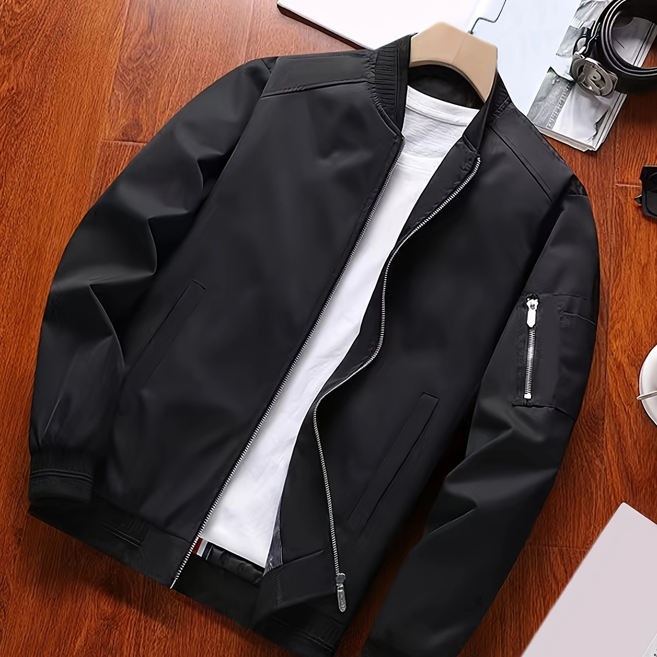 

Classic Design Jacket, Men's Casual Stand Collar Solid Collar Zip Up Jacket For Spring Fall
