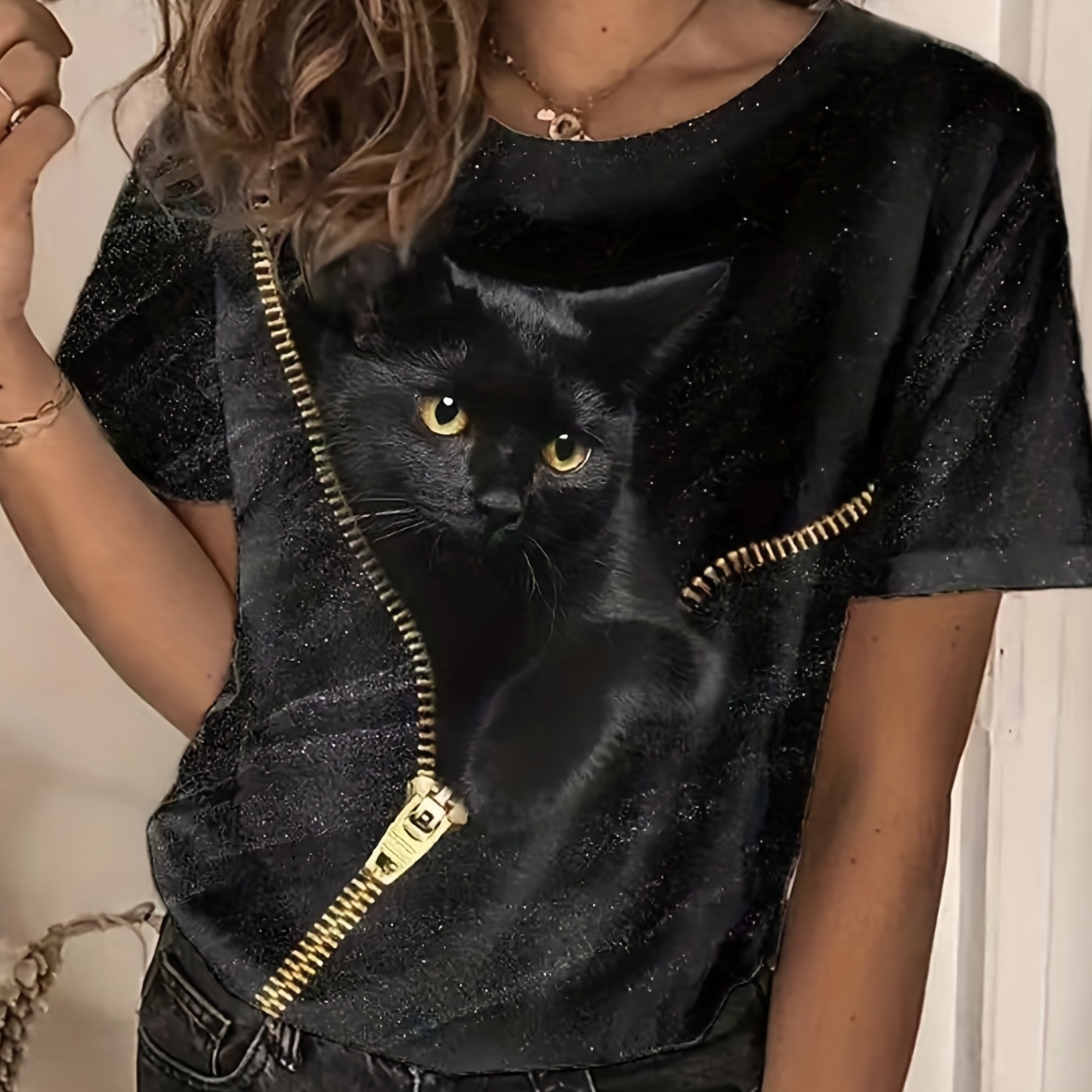 Plus Size Casual T-shirt, Women's Plus Cute Cat Print Short Sleeve Round Neck Medium Stretch T-shirt
Plus Size Casual T-shirt, Women's Plus Cute Cat Print Short Sleeve Round Neck Medium Stretch T-shirt