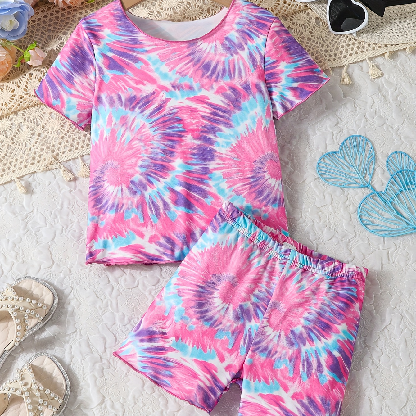 2pcs, Allover Tie-dye Pattern Short Sleeve Crew Neck T-shirt + Shorts Set For Girls, Casual And Trendy Holiday Set Summer Gift, Girls' Clothing
2pcs, Allover Tie-dye Pattern Short Sleeve Crew Neck T-shirt + Shorts Set For Girls, Casual And Trendy Holiday Set Summer Gift, Girls' Clothing