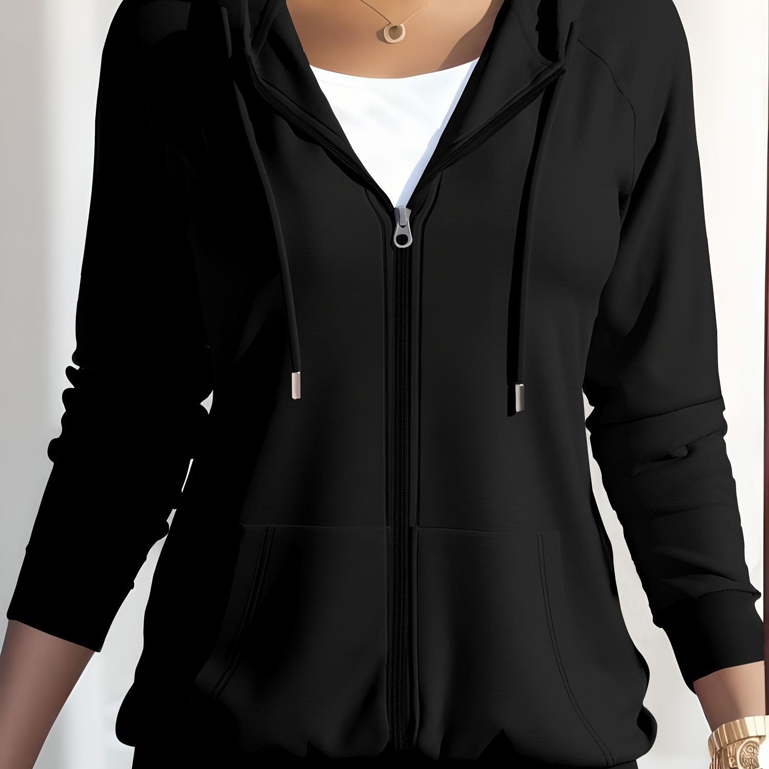 Women's Casual Zip-up Hoodie In Black - Long Sleeve, Polyester With Elastane, Drawstring Hood, Machine Washable - Fall/winter
Women's Casual Zip-up Hoodie In Black - Long Sleeve, Polyester With Elastane, Drawstring Hood, Machine Washable - Fall/winter