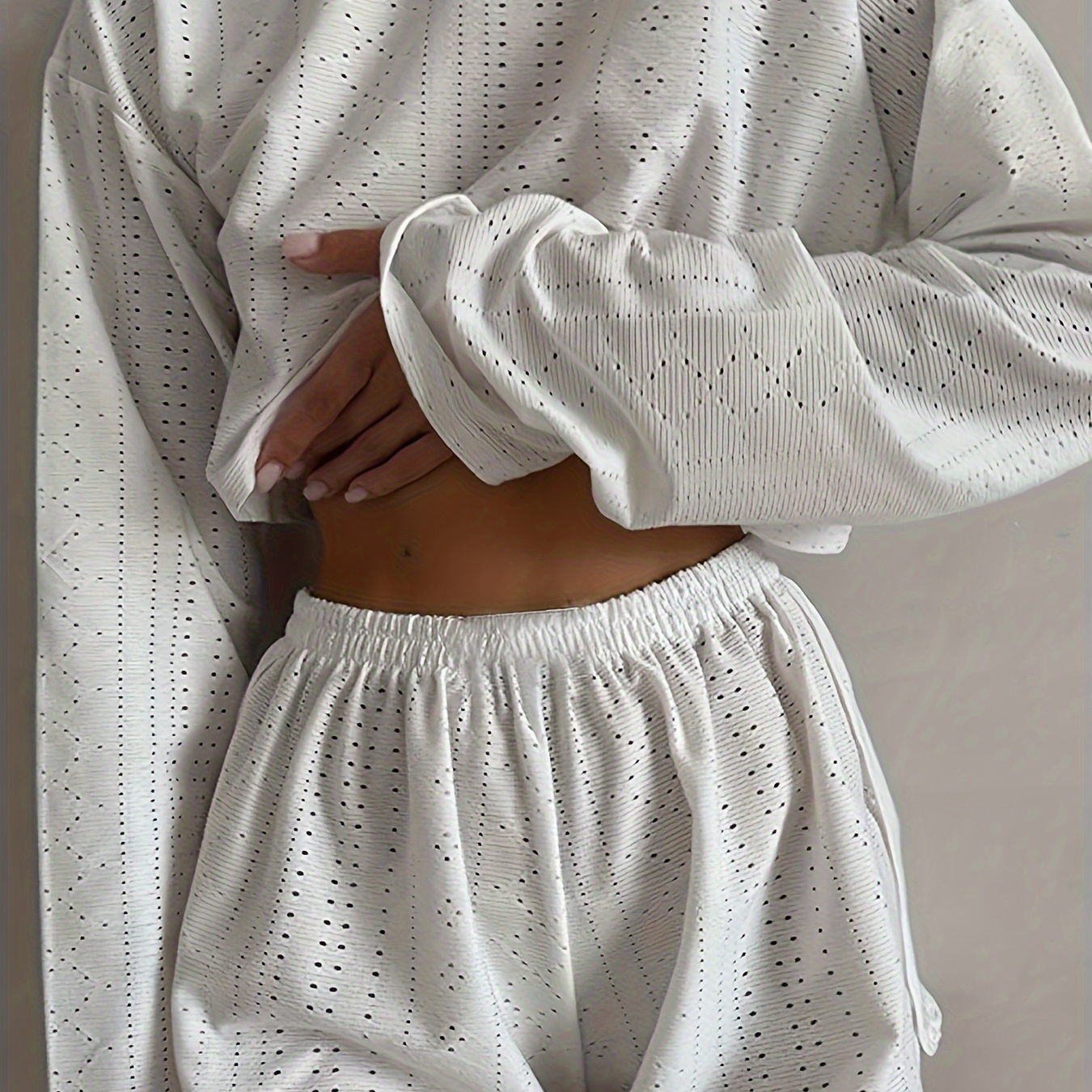 Solid Color Eyelet Casual Shorts Set, Long Sleeve Drop Shoulder Crew Neck Crop Top & Elastic Waist Split Shorts Outfits, Women's Clothing
Solid Color Eyelet Casual Shorts Set, Long Sleeve Drop Shoulder Crew Neck Crop Top & Elastic Waist Split Shorts Outfits, Women's Clothing