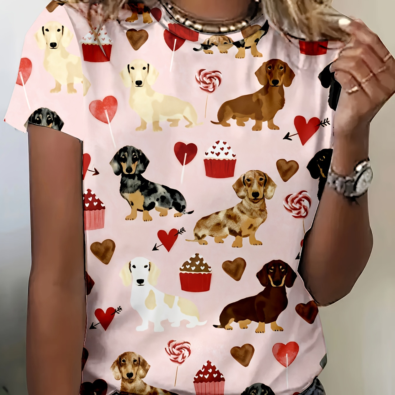 Valentine's Day Love & Puppy Print Women's Casual T-shirt - Soft Polyester , Crew Neck, Short Sleeve, Machine Washable, Pink With Dog & , Seasonal Clothing| Design|stretch Fabric
Valentine's Day Love & Puppy Print Women's Casual T-shirt - Soft Polyester , Crew Neck, Short Sleeve, Machine Washable, Pink With Dog & , Seasonal Clothing| Design|stretch Fabric