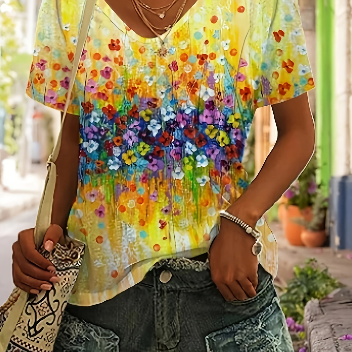 Floral Print T-shirt, Casual Short Sleeve V Neck Top For Spring & Summer, Women's Clothing
Floral Print T-shirt, Casual Short Sleeve V Neck Top For Spring & Summer, Women's Clothing