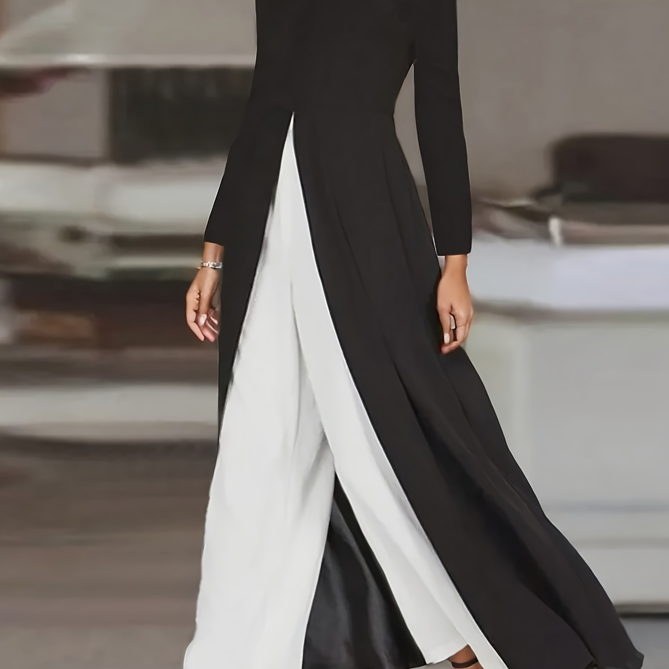 Elegant Color Block Pants Set, Long Sleeve Crew Neck Split Hem Ankle Length Top & Wide Leg Pants Outfits, Women's Clothing
Elegant Color Block Pants Set, Long Sleeve Crew Neck Split Hem Ankle Length Top & Wide Leg Pants Outfits, Women's Clothing