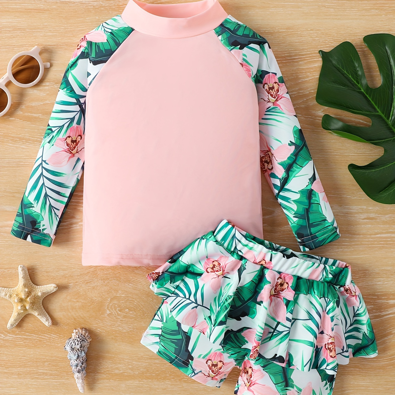 Tropical Flowers Print 2pcs Bathing Suit For Girls, Long Sleeve Top + Skirted Shorts Set Swimwear For Pool Beach Holiday Summer Gift
Tropical Flowers Print 2pcs Bathing Suit For Girls, Long Sleeve Top + Skirted Shorts Set Swimwear For Pool Beach Holiday Summer Gift
