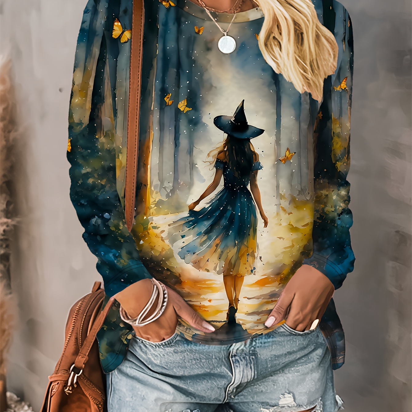 & Butterfly Print Long Sleeve Crew Neck T-shirt - Casual Knit Fabric Halloween Themed Top, Polyester , For All
& Butterfly Print Long Sleeve Crew Neck T-shirt - Casual Knit Fabric Halloween Themed Top, Polyester , For All
