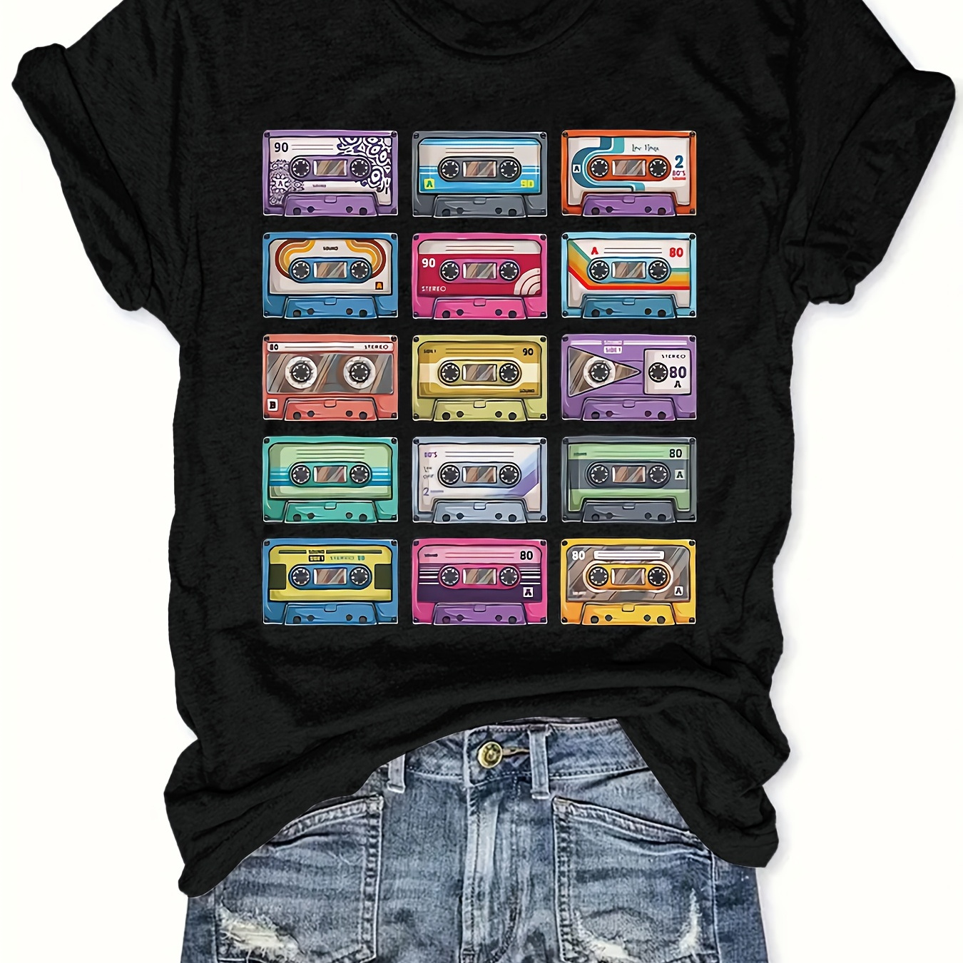 Plus Size Tape Print T-shirt, Casual Crew Neck Short Sleeve Top For Spring & Summer, Women's Plus Size Clothing
Plus Size Tape Print T-shirt, Casual Crew Neck Short Sleeve Top For Spring & Summer, Women's Plus Size Clothing