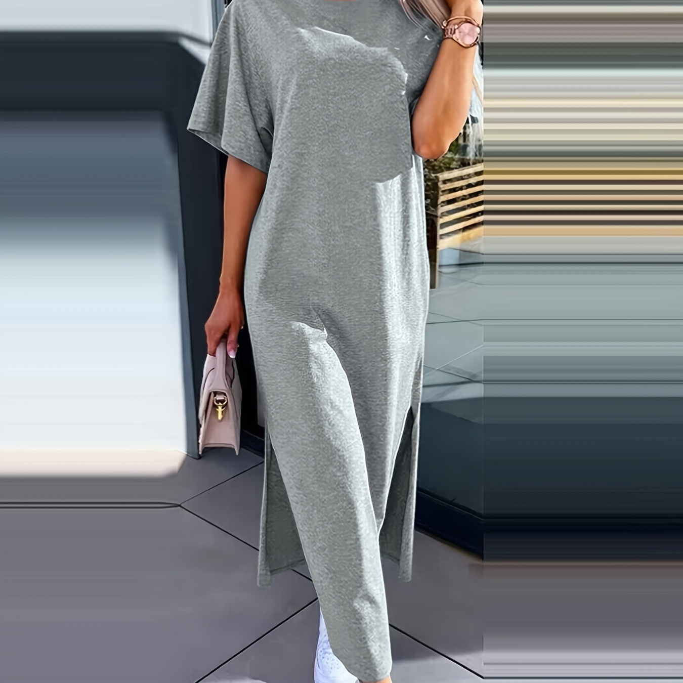 1pc Women's Casual Crew Neck Short Sleeve T-shirt Dress With Side Slit, 100% Polyester Knit Fabric, Solid Color, Spring/summer Collection, Round Neck, Design
1pc Women's Casual Crew Neck Short Sleeve T-shirt Dress With Side Slit, 100% Polyester Knit Fabric, Solid Color, Spring/summer Collection, Round Neck, Design