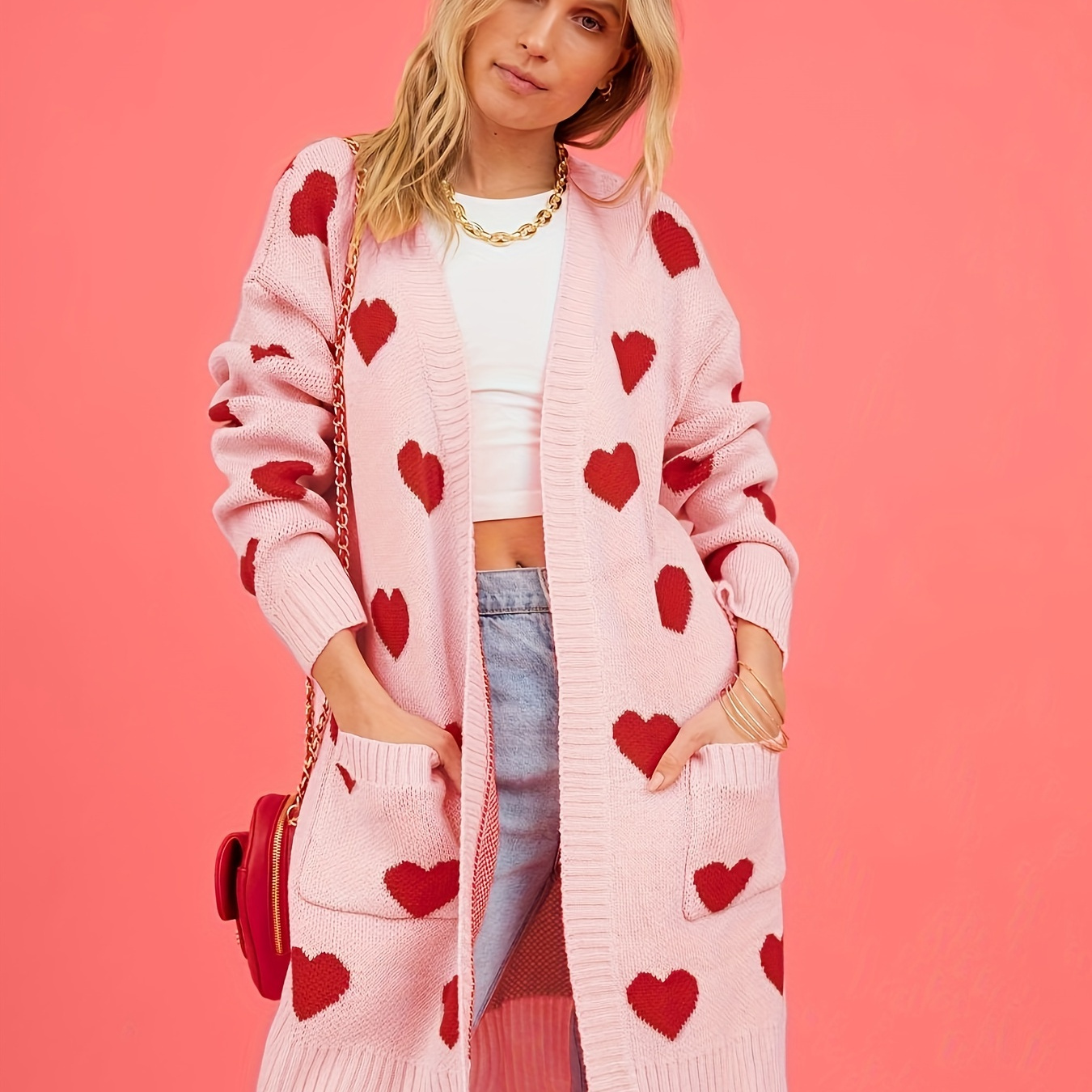 Valentine's Day Heart Pattern Cardigan, Casual Long Sleeve Open Front Knit Mid Length Sweater With Pockets, Women's Clothing
Valentine's Day Heart Pattern Cardigan, Casual Long Sleeve Open Front Knit Mid Length Sweater With Pockets, Women's Clothing