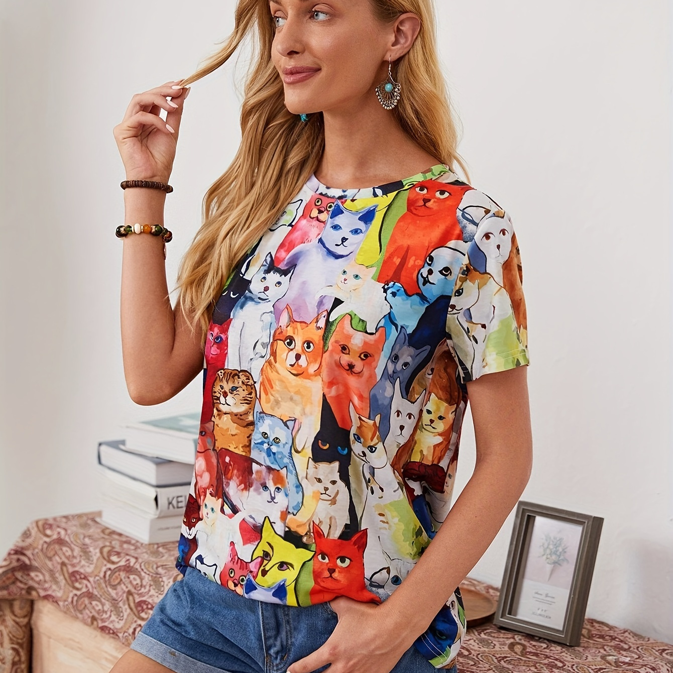 Cute Cats Print Casual T-shirt, Crew Neck Short Sleeve Top For Spring & Summer, Women's Clothing
Cute Cats Print Casual T-shirt, Crew Neck Short Sleeve Top For Spring & Summer, Women's Clothing