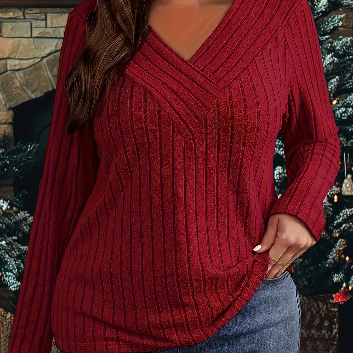Women's Plus Size V-neck Long Sleeve T-shirt, Solid Color Stretch Knit Top, Casual Polyester Tee For Fall/winter
Women's Plus Size V-neck Long Sleeve T-shirt, Solid Color Stretch Knit Top, Casual Polyester Tee For Fall/winter
