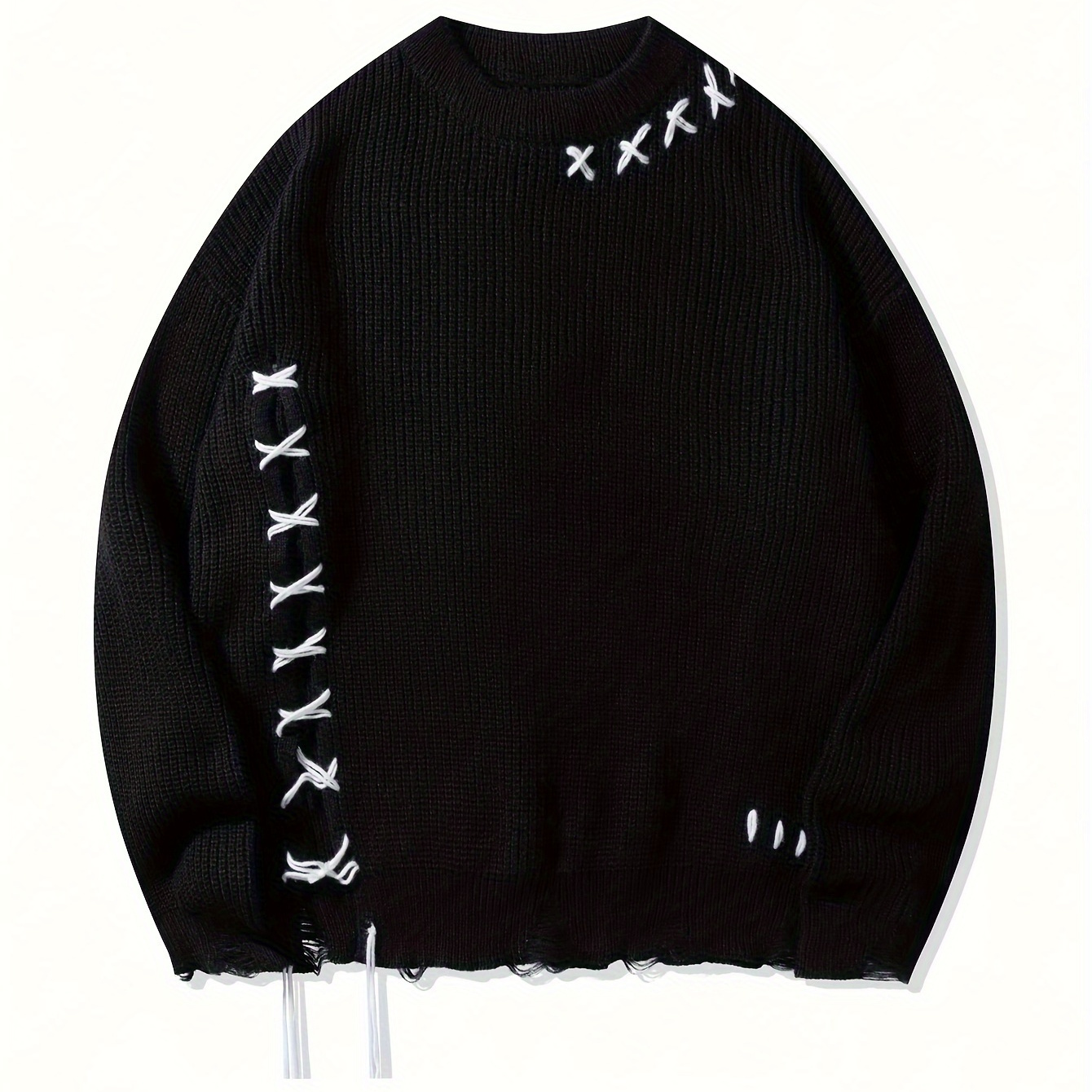 Knit Sweater With Distressed Detail & Tassel Trim - Casual Loose Fit, Long Sleeve Pullover For Fall/winter
Knit Sweater With Distressed Detail & Tassel Trim - Casual Loose Fit, Long Sleeve Pullover For Fall/winter