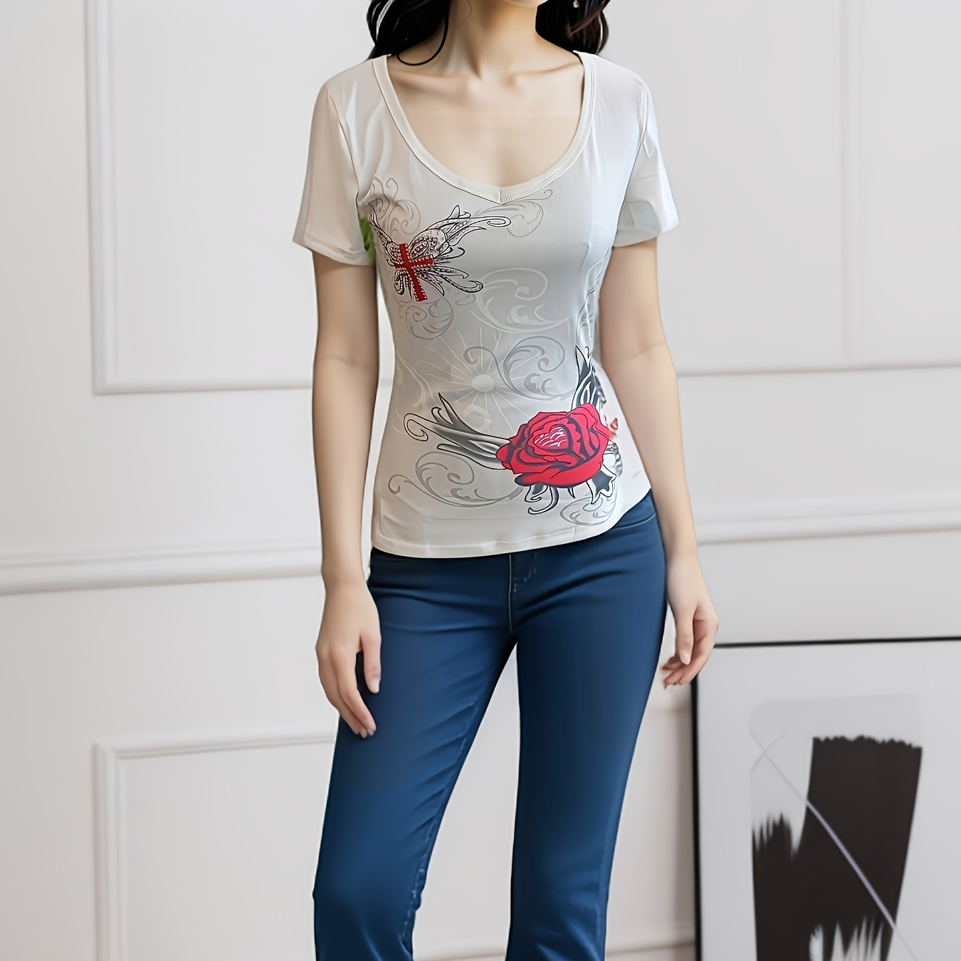 Graphic Print V Neck T-shirt, Y2k Short Sleeve T-shirt For Spring & Summer, Women's Clothing
Graphic Print V Neck T-shirt, Y2k Short Sleeve T-shirt For Spring & Summer, Women's Clothing