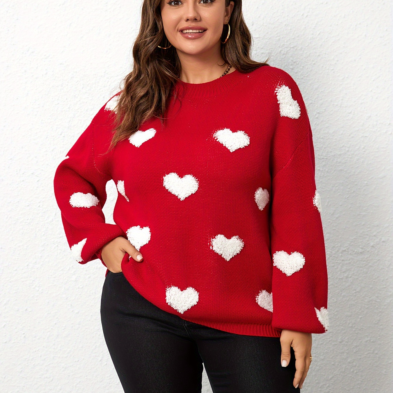 Plus Size Heart Pattern Crew Neck Sweater, Casual Drop Shoulder Long Sleeve Sweater For Fall & Winter, Women's Plus Size Clothing
Plus Size Heart Pattern Crew Neck Sweater, Casual Drop Shoulder Long Sleeve Sweater For Fall & Winter, Women's Plus Size Clothing