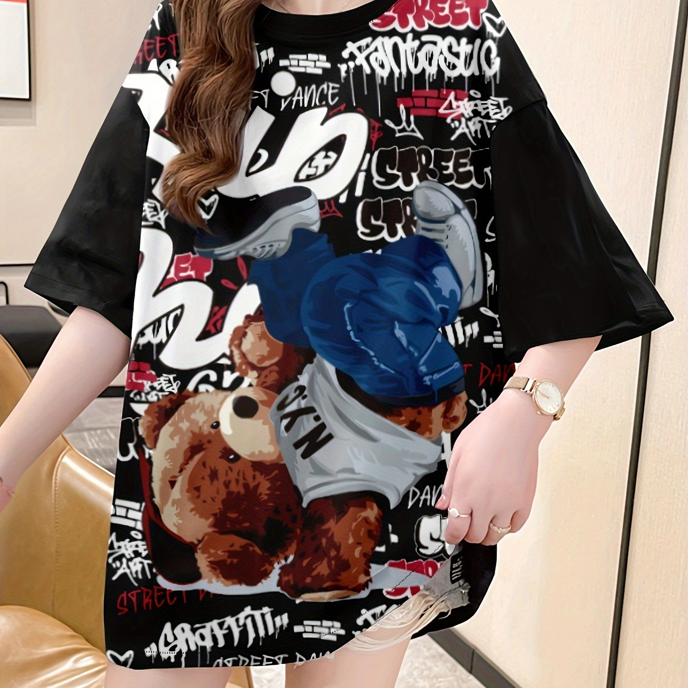 Size Cartoon Print T-shirt For Women - Casual Crew Neck, Short Sleeve, Mid-length Top With Stretch Fabric
Size Cartoon Print T-shirt For Women - Casual Crew Neck, Short Sleeve, Mid-length Top With Stretch Fabric