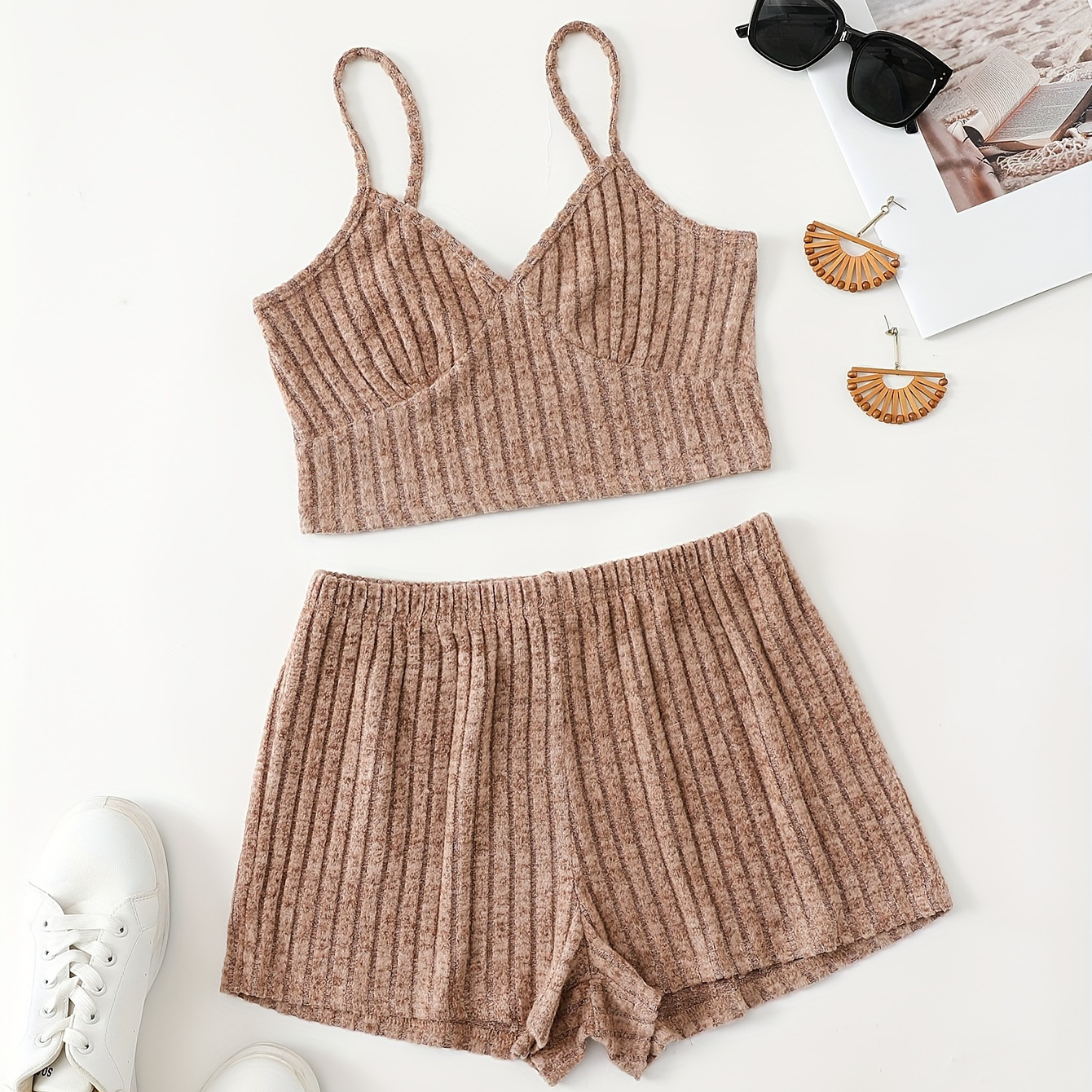 Solid Two-piece Casual Set, Versatile V-neck Cami Crop Top & Simple Loose Comfy Shorts, Women's Clothing
Solid Two-piece Casual Set, Versatile V-neck Cami Crop Top & Simple Loose Comfy Shorts, Women's Clothing