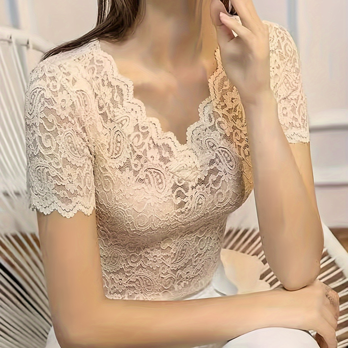 Lace V Neck Slim Blouse, Elegant Short Sleeve Solid Color Scallop Trim Top For Spring & Summer, Women's Clothing
Lace V Neck Slim Blouse, Elegant Short Sleeve Solid Color Scallop Trim Top For Spring & Summer, Women's Clothing