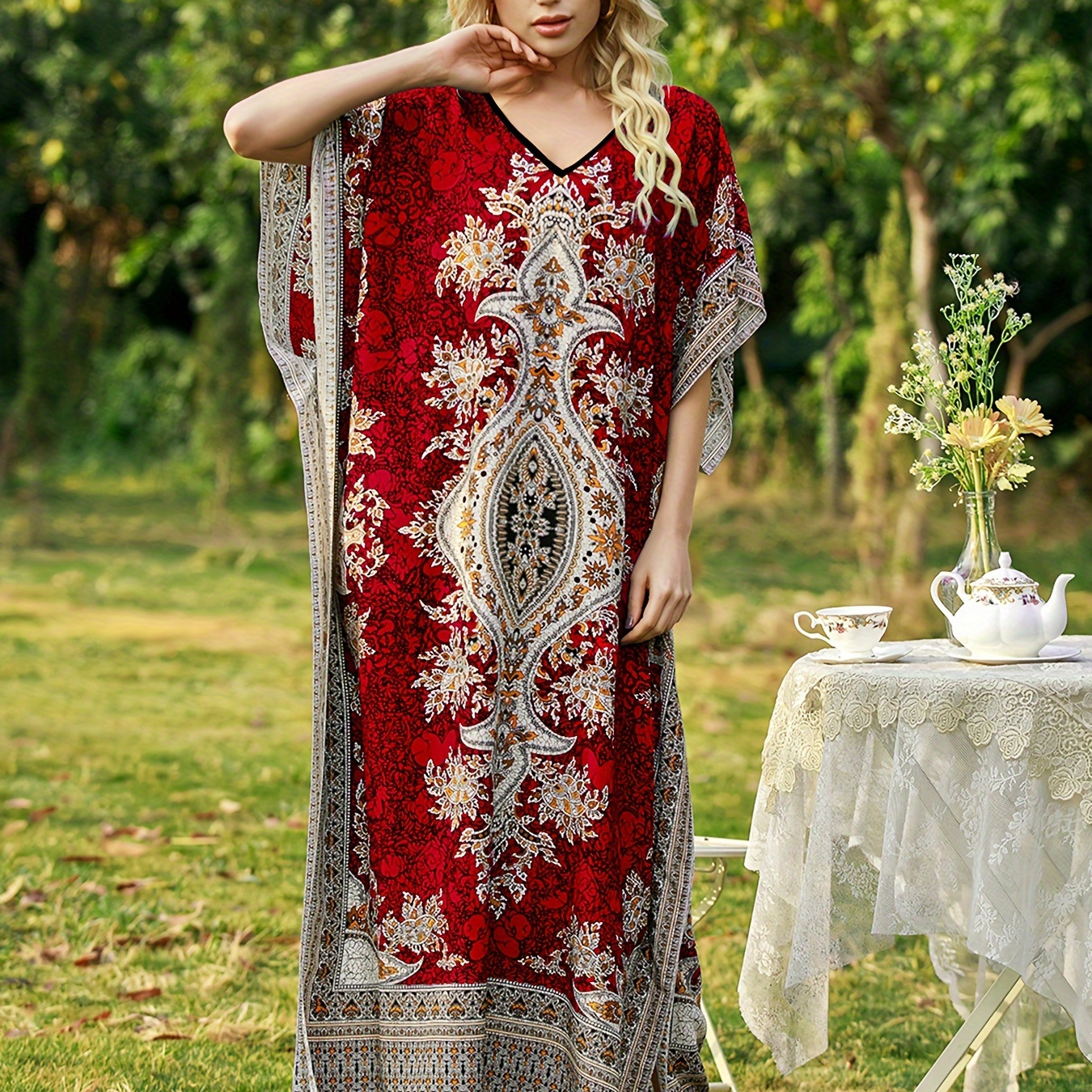 Vintage Ethnic Print V-neck Dress, Color Block Batwing Sleeve Loose Maxi Dress For Spring & Summer, Women's Clothing
Vintage Ethnic Print V-neck Dress, Color Block Batwing Sleeve Loose Maxi Dress For Spring & Summer, Women's Clothing