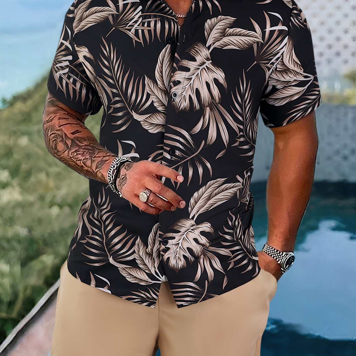 2-piece Men's Summer Casual Outfit Set, Men's Tropical Leaves Print Short Sleeve Lapel Shirt & Solid Sports Shorts Set
2-piece Men's Summer Casual Outfit Set, Men's Tropical Leaves Print Short Sleeve Lapel Shirt & Solid Sports Shorts Set