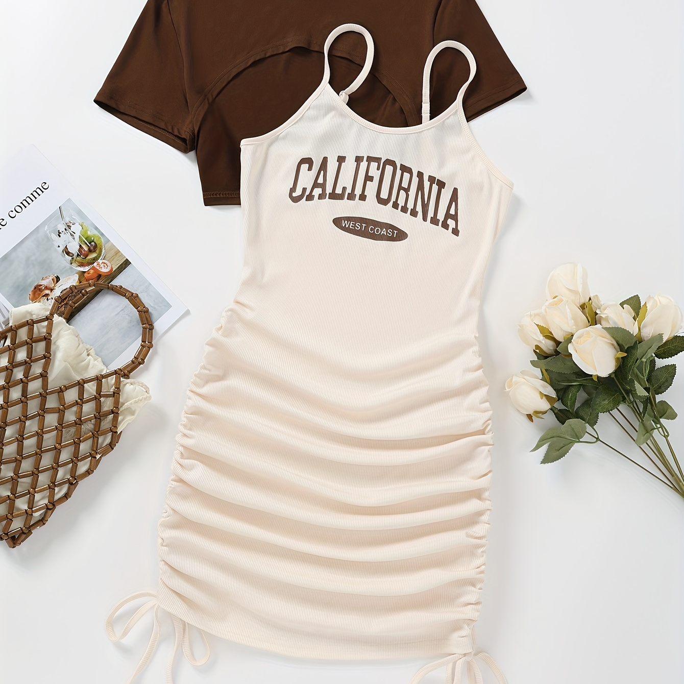 Letter Print Drawstring Cami Dress Set, Crop Short Sleeve Top & Sleeveless Bodycon Strap Dress Outfits, Women's Clothing
Letter Print Drawstring Cami Dress Set, Crop Short Sleeve Top & Sleeveless Bodycon Strap Dress Outfits, Women's Clothing