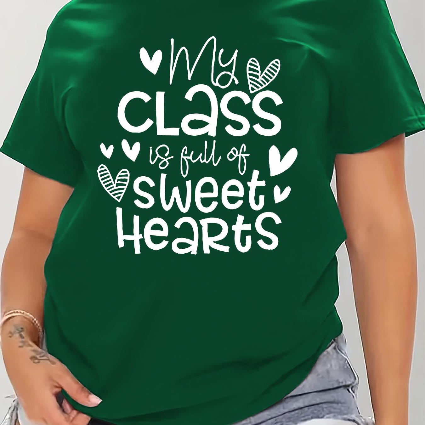 Women's Casual Sports T-shirt Top, Plus Size Heart & Slogan Print Stretchy Round Neck Breathable Short Sleeve Fitness Tee Top
Women's Casual Sports T-shirt Top, Plus Size Heart & Slogan Print Stretchy Round Neck Breathable Short Sleeve Fitness Tee Top