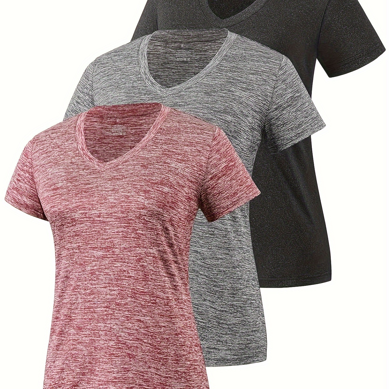 3-pack Women's V-neck T-shirts, Moisture-wicking Polyester Knit Fabric, 35% Rayon 35% Polyester 30% Elastane, Casual Solid Color Short Sleeve For Sports & Yoga, Summer Collection
3-pack Women's V-neck T-shirts, Moisture-wicking Polyester Knit Fabric, 35% Rayon 35% Polyester 30% Elastane, Casual Solid Color Short Sleeve For Sports & Yoga, Summer Collection