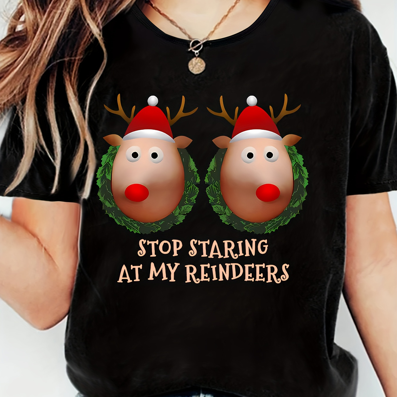 Women's Casual Summer T-shirt With Cute Reindeer Print - Breathable Polyester, Machine Washable, Round Neck
Women's Casual Summer T-shirt With Cute Reindeer Print - Breathable Polyester, Machine Washable, Round Neck